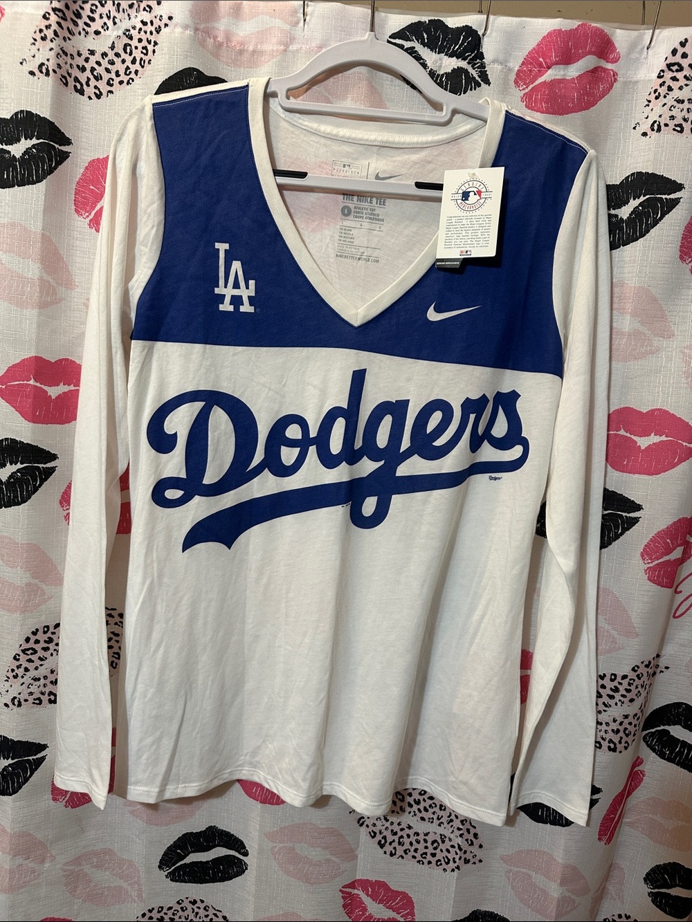 Nike Women's White and Blue Dodgers V-Neck Long Sleeve Tee